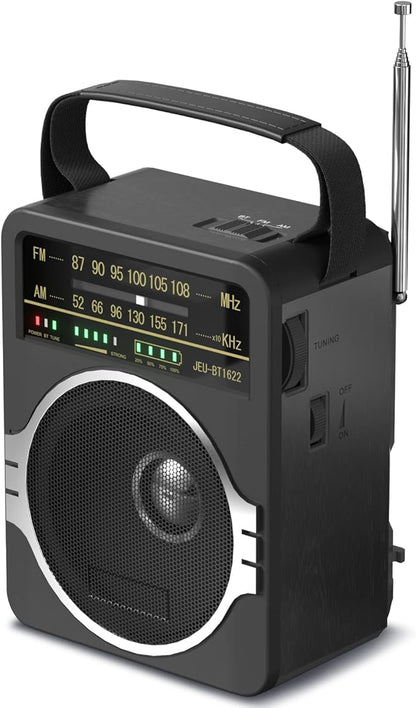JEUJUG Portable AM FM Radio, Bluetooth 5.0 Radios 5 Watts Loud Speaker,FM Radio Built-in Rechargeable Battery/DC D*4 Cell Battery Operated & AC Power Plug in Wall Black