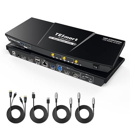 TESmart MST USB-C/HDMI/DP KVM Switch 2 Monitors 2 Computers, USB 3.0 KVM Dual Monitor for Laptop&Desktop, 4K@60Hz, 60W PD, Gigabit Network, Hotkey Switch, with Input Cables