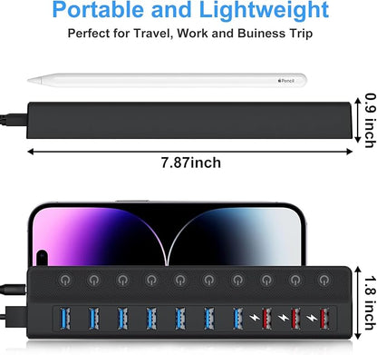 ONFINIO Powered USB Hub, 10-Port USB Splitter Hub (7 Faster Data Transfer Ports+ 3 Smart Charging Port) with Individual LED On/Off Switches and 12V/3A Power Adapter USB Extension for Mac, PC and More