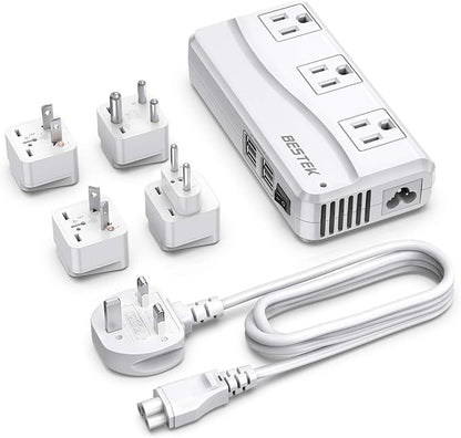 BESTEK Universal Travel Adapter 100-220V to 110V Voltage Converter 250W with 6A 4-Port USB Charging 3 AC Sockets and EU/UK/AU/US/India Worldwide Plug Adapter (03 UK Plug White)