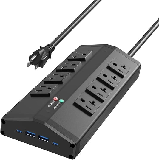 JUNNUJ Heavy Duty Power Strip with 8 Outlets and 4 USB Ports, Metal Wall Mount Surge Protector with 20 Amp 12 Gauge 6 FT Extension Cord for Garage, Industrial, Shop, ETL Listed