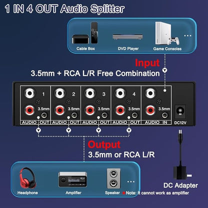 FlyroadUp 3.5mm Aux + RCA L/R Audio Splitter 1 in 4 Out Stereo Analog Audio Distributor Box