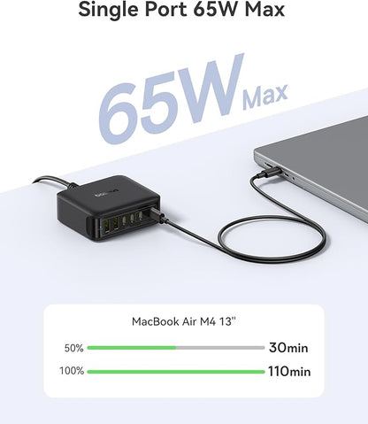 Baseus Charging Station 120W, 6-in-1 USB-C PD Fast Charging Desktop Charger with 5ft Extension Cord, 4 USB C, 2 USB A Ports, Travel Power Strip for iPhone 17/16, iPad Pro, MacBook Pro, Tablet and More