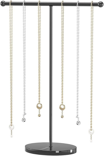 Justsoso Metal T-Bar Necklace Holder Stand, Necklace Hanging Display Stand, Tabletop Jewelry Organizer Stand for Necklace Bracelet Earring Display (Black With Solid Acrylic Base)