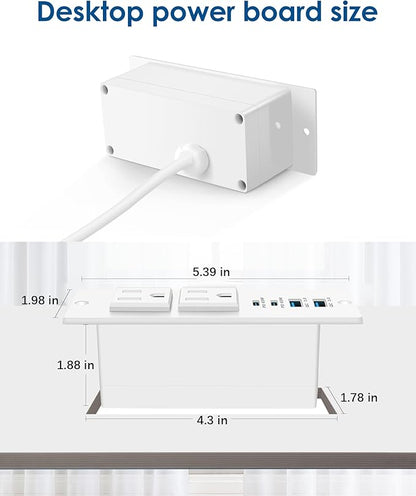 Recessed Power Strip Fast Charging Station 2 PD 65W USB C, Flush Mount Countertop Drawer Outlet, Furniture Hidden Charging Station for Side Table, End Table,2 AC Outlets (White, 6 FT Cable)