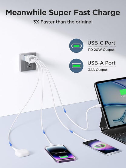 2 Pack USB C Wall Charger, 40W 4-Port USB C Fast Charger Block Dual Port QC+PD 3.0 Power Adapter, Multiport Type C Brick Charger with Lightning Cable for iPhone 14 13 12 11 Pro Max XS XR X 8 7 6 Plus