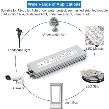 LLTOP LED Driver 100 Watts Waterproof IP67 Power Supply AC100-264V to 12V DC 8.3A Low Voltage Transformer Ultra Thin Adapter for Outdoor LED Lights, Computer Project