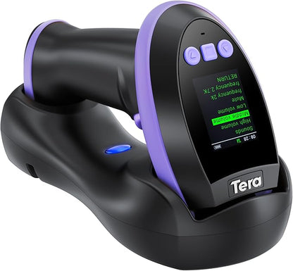 Tera Barcode Scanner Wireless with Screen: Pro Version 1D 2D QR with Setting Keypad Charging Cradle Works with Bluetooth 2.4G Wireless USB Wired Handheld Bar Code Reader HW0009 Purple
