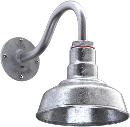 Steel Lighting Co. Hawthorne Barn Light | Outdoor Wall Mounted | 8 inch Dome | 11 inch Gooseneck| Small Farmhouse Light Made in America | Galvanized Exterior/Galvanized Interior