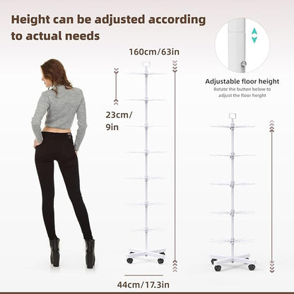 YEOOE Retail Display Racks 7 Tier Spinning Display Stand, Movable Shop Spinner Rack with Hooks, Retail Display Stand for Jewelry Keyring Hats Socks Toys (White)