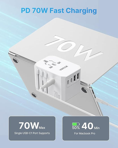 Universal Travel Adapter, VINTAR 70W GaN International Power Adapter with 5 USB Ports (3 USB-C), All-in-one Travel Essentials Plug Adaptor, Travel Adapter Worldwide for UK/EU/USA/AUS, White