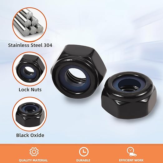 MewuDecor 1/4-20 Nylon Insert Hex Lock Nuts Locknuts, 304 Stainless Steel 18-8, Black Oxide, 100 PCS