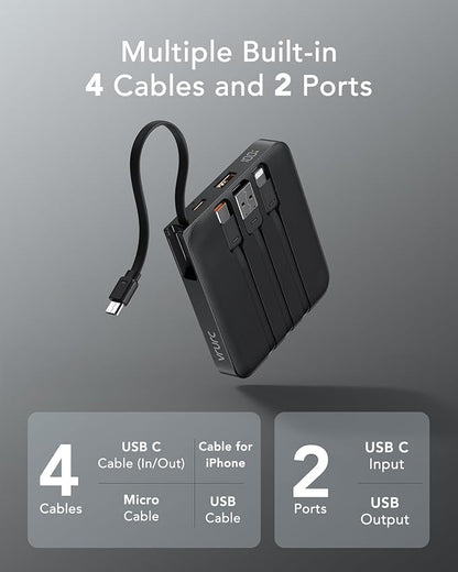 VRURC Portable Charger with Built-in Cable, 10000mAh 22.5W Fast Charging USB C Battery Pack, Cell Phone Power Bank for iPhone 16 15 14 Samsung Galaxy S25 S24 S23 Series Android Tablet, Black(1 Pack)