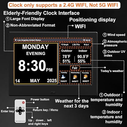 FEYBYLA 2025 New Digital Clock with Temperature/Humidity & Weather Forecast, Auto Time Sync Large Display, Custom Alarms & Medication Reminders, Ideal for Elderly(Black, 7-Inch)