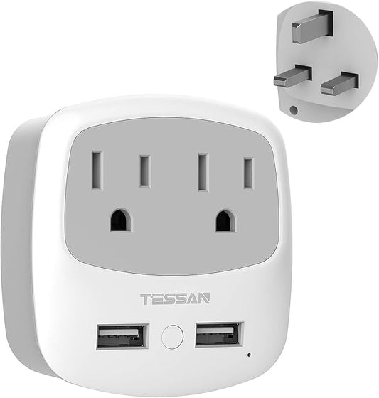 UK Ireland Travel Plug Adapter, TESSAN Type G Power Adaptor with 2 USB Charger Ports 2 American Outlets, US to Scotland London England British Irish Kenya Dubai Qatar