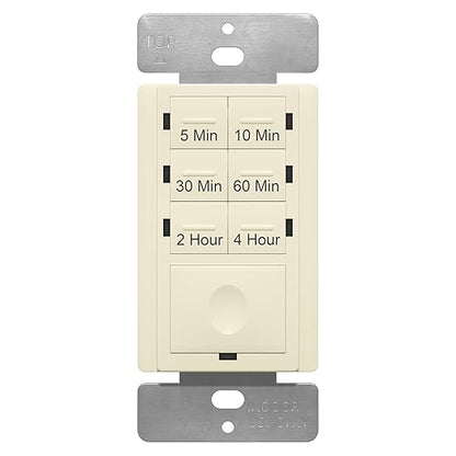 ENERLITES 4-Hour Countdown Timer Switch, 5-10-30-60 Min, 2-4 Hour, for Bathroom Fans, Heaters, Lights, LED Indicator, 120VAC 800W, No Neutral Wire Required, UL Listed, HET06-J-LA, Light Almond