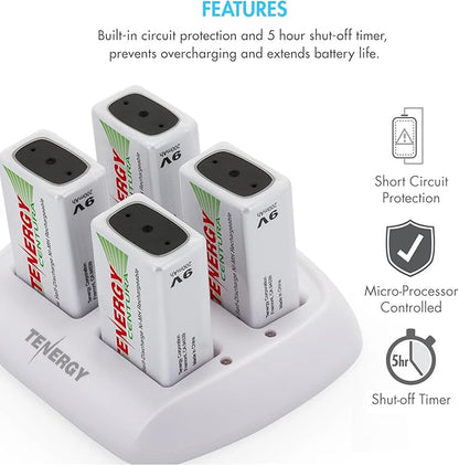 Tenergy TN136 Smart 9V 4-Bay Battery Charger for Rechargeable NiMH 9 Volt Batteries
