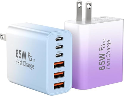USB C Fast Charger Block, iPhone Charger Fast Charging Blocks 65W Multi Port Charger 6-Ports PD & QC Charging Cube Brick Power Adapter Type C Wall Chargers for iPhone 17/16/15/14/13/12 Pro Max, iPad