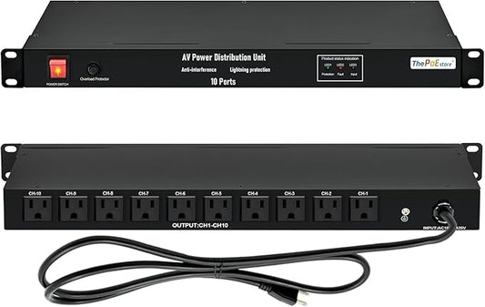 ThePoEstore 10 NEMA 5-15R Outlet Surge Protector PDU, 120V 15A 3600J 10KA, 1U Rack Mount Power Strip for Network Server Racks, AV Equipment, & More - 14AWG 6ft Cord