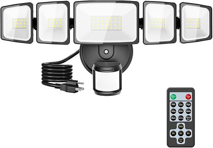 Onforu 5000LM Motion Sensor Outdoor Lights Plug in, 5 Head Motion Sensor Flood Light Outdoor with Remote, Dusk to Dawn Outdoor Lighting, IP65 Waterproof Motion Detector Lights for Outside, Black