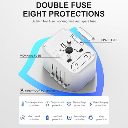 Universal Travel Adapter, PD20W International Power Adapter, 2 USB-C & 2 USB-A Fast Charging Travel Charger, All in One Worldwide Travel Plug Adapter, Outlet Adapter for EU UK USA AU, White
