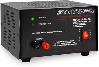 Pyramid Universal Compact Bench Power Supply - 12 Amp Linear Regulated Home Lab Benchtop AC-to-DC 12V Converter w/ 13.8 Volt DC 115V AC 270 Watt Power Input, Screw Type Terminals, Cooling Fan PS14KX
