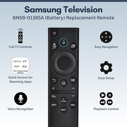BN59-01385A Samsung TV Remote Control Replacement for Smart TV - Easy Setup, Universal Voice Remote, No Solarcell - Works with Samsung QLED, Frame, Crystal UHD, 4K, & LED Smart TVs