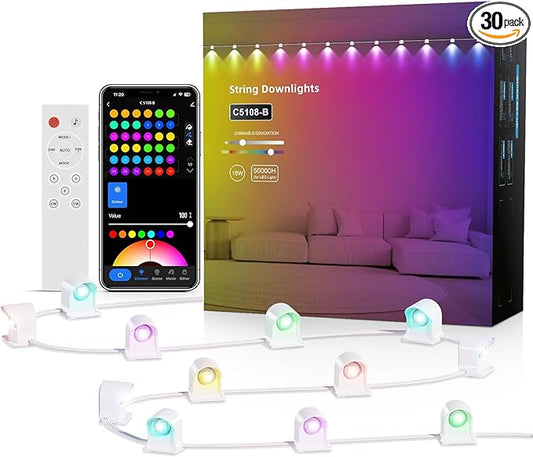 Smart RGB String Downlights, 30ft with 30 LED Smart LED String Lights Works with Alexa/Google, 111 Scene Modes, Color Changing Indoor Wall Light Fixture for Party, Children's room, Music Sync, White