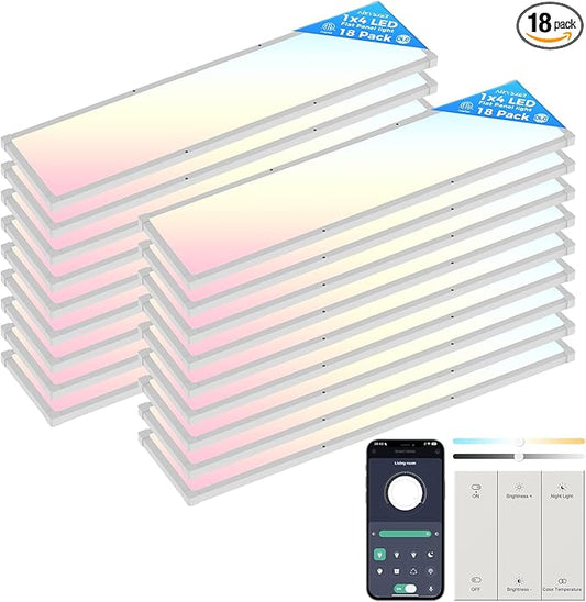AIKVSXER 18 Pack 1x4 FT LED Flat Panel Light Surface Mount, with Wireless Switch & App Control, Night Mode, 50W 5500LM, 3000K/4000K/6500K, Ultra-Thin LED Light for Office Home,120-277V - White