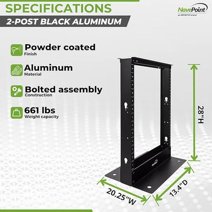 NavePoint 13U 2 Post Open Frame Server Rack for 19 Inch Equipment, AV, Networking, Data & IT Devices, 2-Post Rack 13U 661lbs Weight Capacity, Black