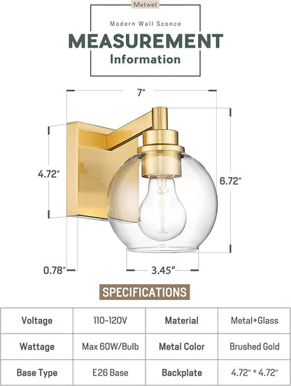 METWET Wall Sconces Set of 2, 1-Light Brushed Gold Sconces Wall Lighting with Globe Clear Glass Shade, Modern Bathroom Vanity Light Fixtures for Mirror Bedroom Living Room, VL195-BG-CL-1-2PK