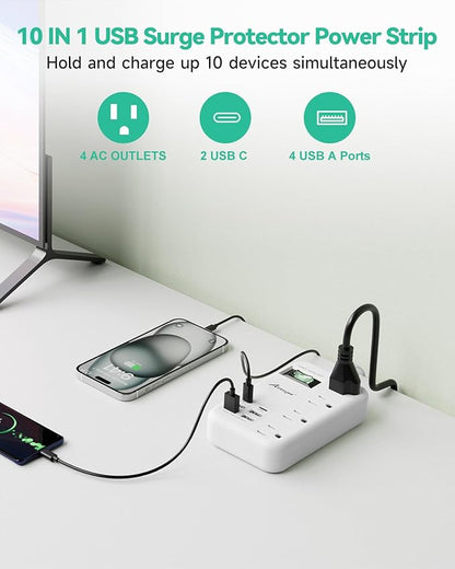 Alitayee 6 USB(2 USB C) Surge Protector Power Strip- Travel Power Strip with 24W USB Charging Station and 4 Extendable Outlet Extender, 6Ft Flat Extension Cord with Wall Mounted for Travel Home Dorm
