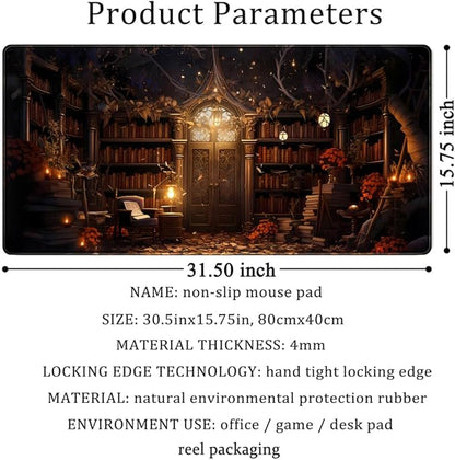 Medieval Bookshelf Desk Pad Mat Vintage Gothic Bookcase Bookshelf Deskpad Large Gaming Flower Mouse Pad XXL Plant Keyboard Mouse Pads Large 31.5x15.8 in-with Stitched Eges Non-Slip Base Mat