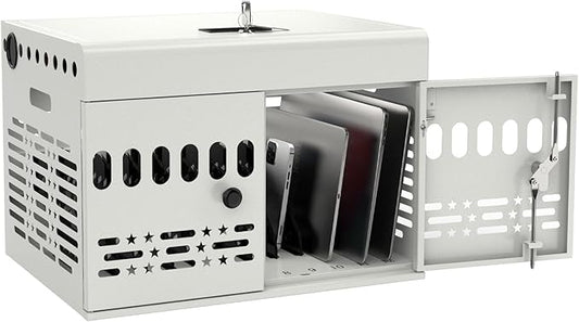 12-Device Charging Cabinet -Lockable Charging Station for iPad, Chromebook,Laptop&Tablet- American Style Charging Cabinet with Cord Management Ideal for Classrooms & Offices (Grayish White)