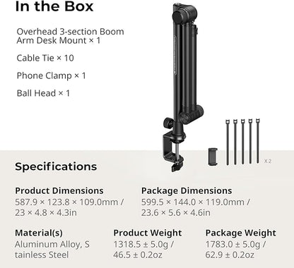 SMALLRIG Overhead 3-Section Desktop Camera Bracket, Damping Boom Arm Desk Mount with 360 Rotatable Ball Head, Tabletop C Clamp, Max Load to 4.4lbs / 2kg for Photography Videography Live Stream