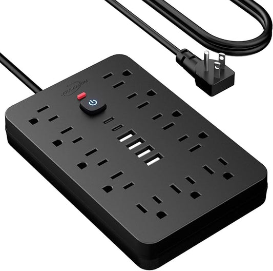 JouleLoom 20 FT Flat Plug Surge Protector Power Strip,11 Multiple AC Outlets with 6 USB Ports (2 USB C), 20 Feet Extension Cord, 1250W/10A, One Touch Switch Button, 17 in 1 Compact powerstrip