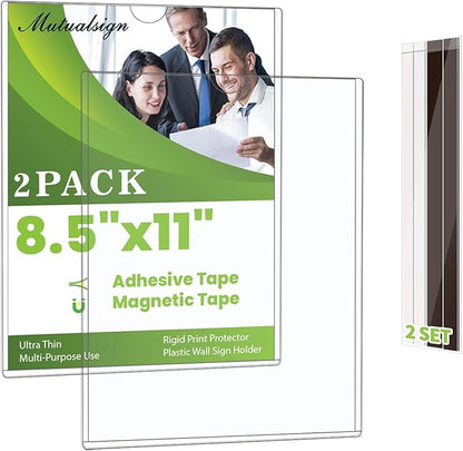 Mutualsign 2 Pcs Wall Sign Holder 8.5"x11" Magnetic Sign Holder, Rigid Print Protectors with Magnet Strips and Adhesive Strips, Wall Mount Plastic Paper Holder for Office Store Home Window Display (Clear)