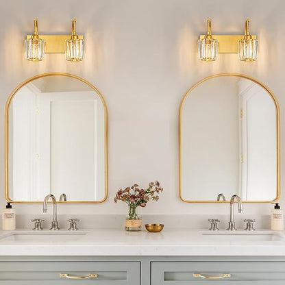 FDPBY Modern Bathroom Vanity Light, 2-Light Gold Wall Sconce with Crystal Accents, Over Mirror Bathroom Lighting Fixture, 13.77" Long Dimmable Vanity Lamp for Makeup, Easy Installation