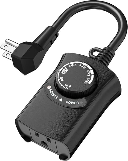 HBN Outdoor Light Timer Waterproof, Weatherproof Photocell Dusk to Dawn Light Sensor,2/4/6/8 Countdown Timer, 1 Grounded Outlet for Christmas Lights，Hallowen Deceration，1875W 15A 1/2HP