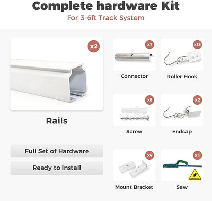 ChadMade Ceiling or Wall Mount Curtain Track Kit with Hooks, 3ft - 6ft Adjustable Length Drape Rail Set For Living Room Bedroom, Single Window Rods Work with Grommet and Pinch Pleated Curtain