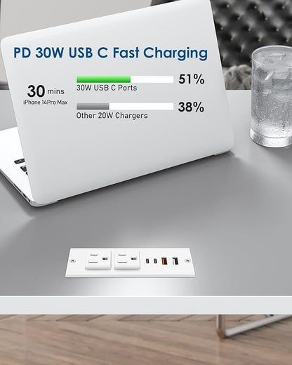Recessed Power Strip with 30W USB C,Ultra Thin Flat Plug Power Strip,2 Outlets 4 USB Ports,Furniture Flush Mount Desk Outlet,Recessed Outlet for Side Table/Sofa Table,6ft Cord (White)