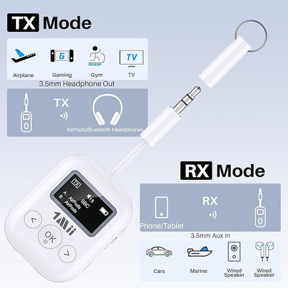 1Mii SafeFly Min+ Bluetooth Transmitter and Receiver,Bluetooth Adapter for Airplane, Supports to 2 AirPods/Headphones,Use with Any 3.5mm Jack on Airplanes, Gym, TVs, Car, Home, Boat(White)
