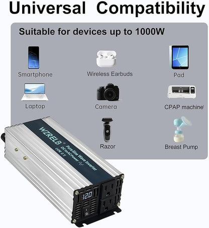 WZRELB 1000W Pure Sine Wave Inverter 24V DC to 110V 120V AC Power Converter with LED Display, Off-Grid Portable Power Inverter with 2 AC Outlets for Home, RV, Truck, Camping