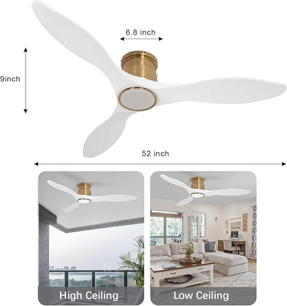 52 Inch Ceiling Fan with Lights and Remote, White Gold Low Profile Flush Mount, Modern 3 Blade Ceiling Fans Dimmable LED Light for Farmhouse Indoor Bedroom, Living Room