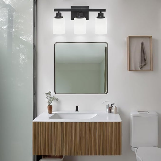 DIKAIDA 3-Light Bathroom Light Fixtures Over Mirror, Modern Matte Black Vanity Lights with White Frosted Glass Shade, Bathroom Wall Lamp Sconces for Mirror Bedroom, Living Room Hallway