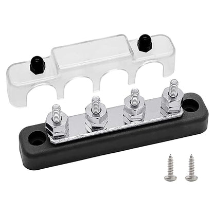 4 x #10 (M5) Studs Bus Bar, Ampper 4.2" Ground Distribution Block Brass Battery BusBar Junction with Cover for Auto Boat Amplifier and More (Black)