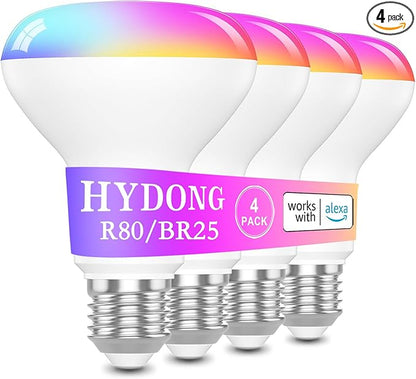 HYDONG Smart RGB Bulb,BR25/R80,Smart Bulbs Compatible with Alexa,Color Changing LED WiFi Bulb 12W,2.4Ghz WiFi Only.E26/E27Base,4Packs
