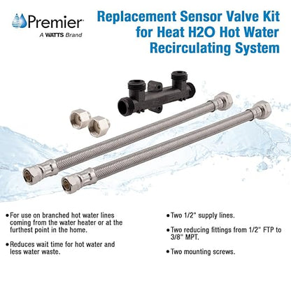 Watts Premier Replacement Sensor Valve Kit for 500800, 500805, HWRS-WH Watts Instant Hot Water Recirculation System, Two 12" Supply Lines, Two Reduced Fittings 1/2" FTP - 3/8" MPT, Two Mounting Screws