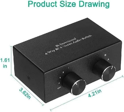 RCA L/R Audio Switcher, 4(2)-in-2(4)-Out Analogue Audio Switch, Noiseless Stereo Speaker Selector for Phono TV Headphones Soundbar PC Game, 4 Way Audio Splitter Box