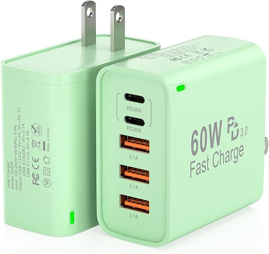 2Pack USB C Fast Charger Block, Total 60W 5-Port USB C Wall Charger 30W Type C Charging Block, 2USB C+3USB A PD 3.0 Multiport Charging Cube for iPhone 17 16 15 14 Pro Max, G-alaxy S25 S24 Ultra, i Pad